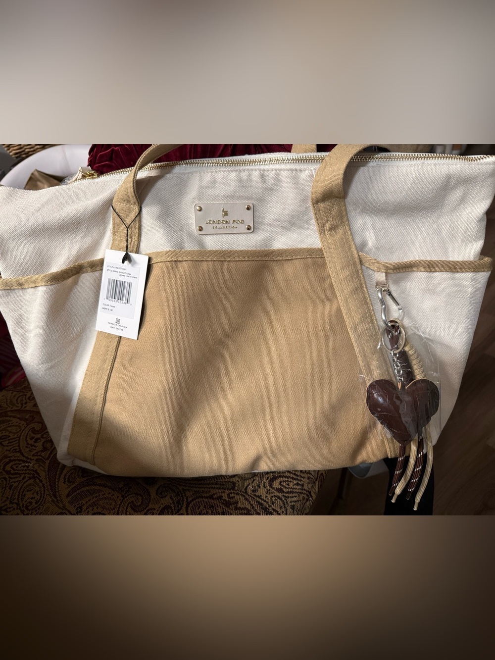 London Fog Canvas Tote in Cream and Tan. Dorm essentials.